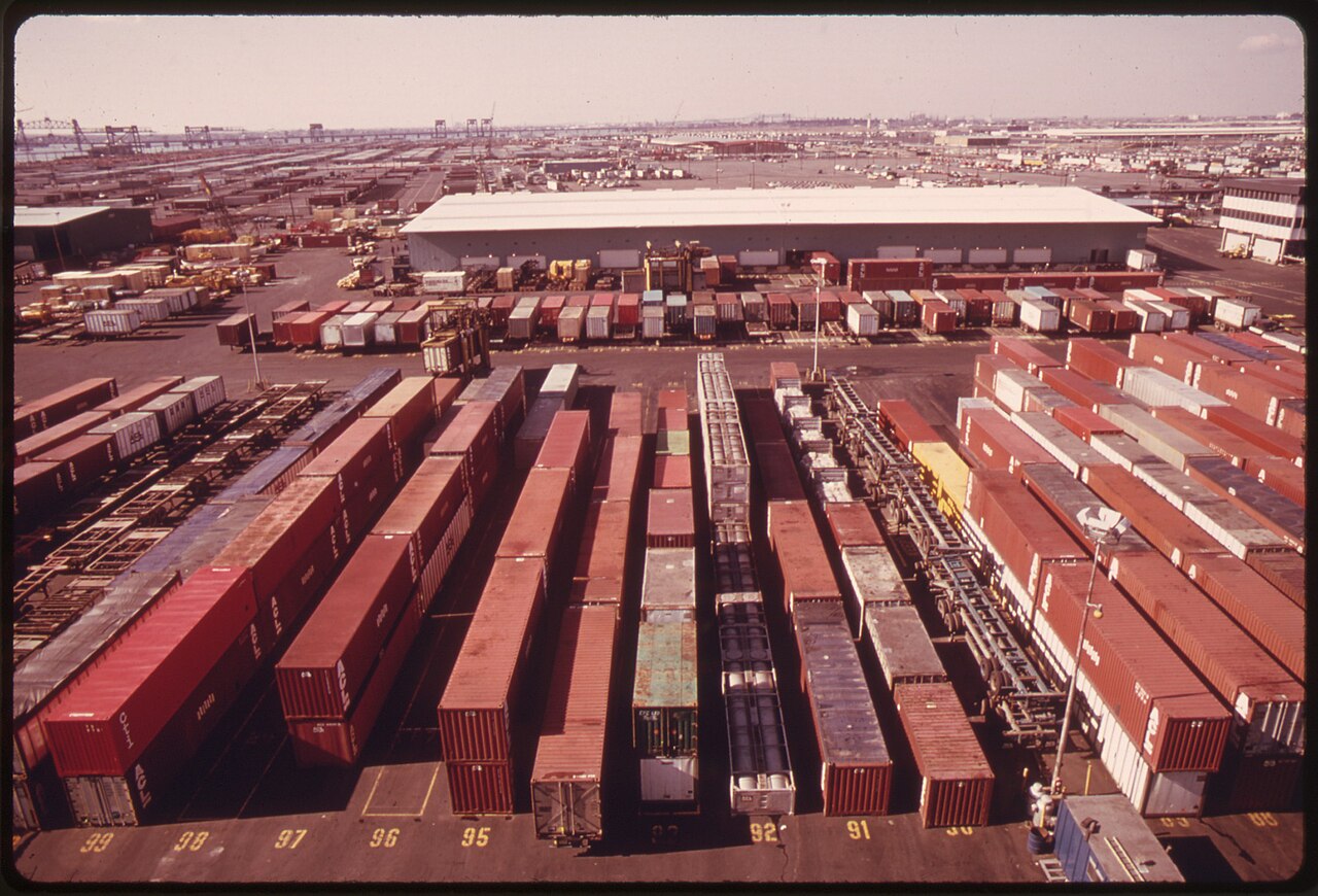 1974 photograph of shipping containers stacked at the Port of Newark, New Jersey