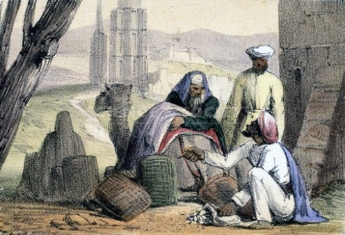 1845 print depicting an Arab trader using cowry shells as money