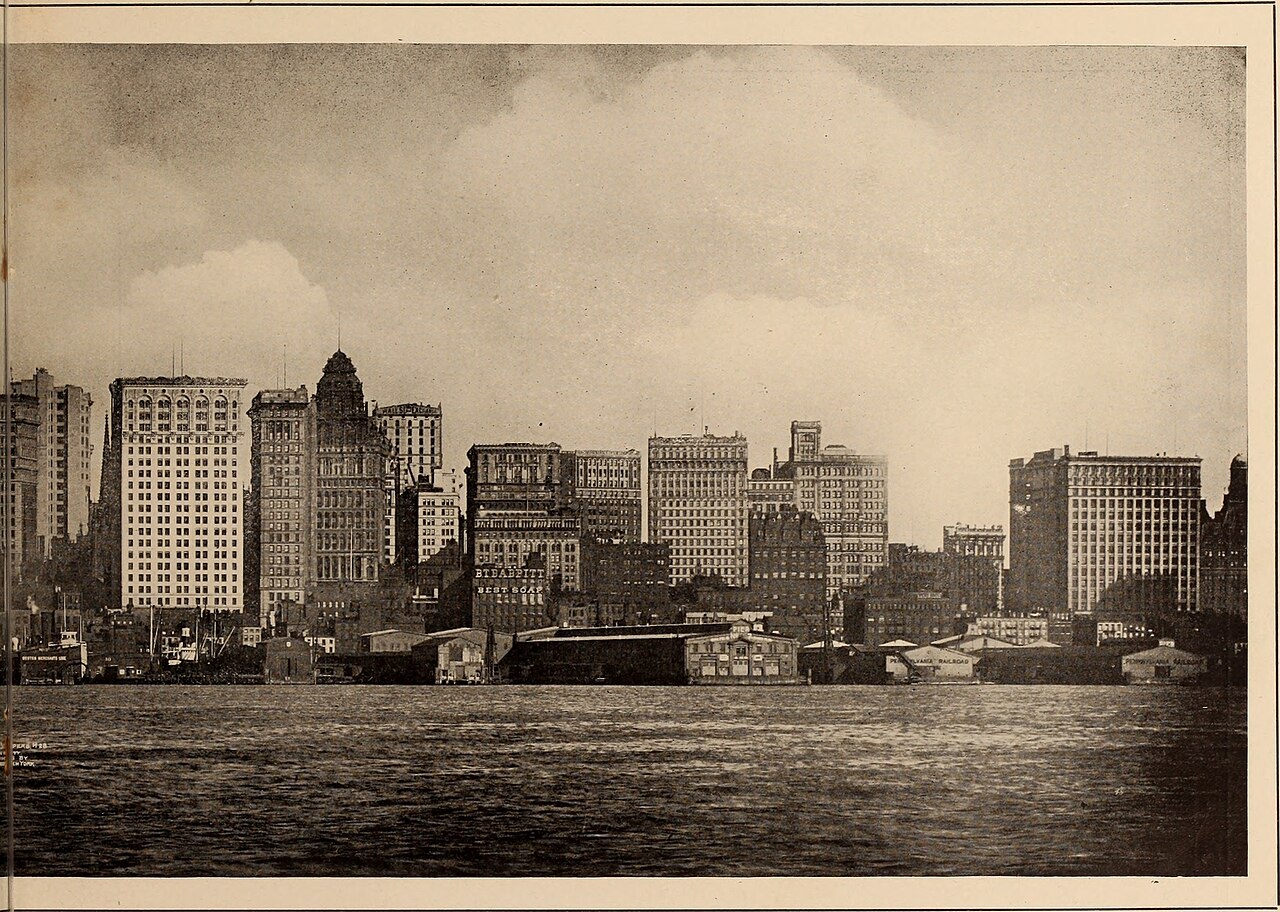 1912 illustration of lower Manhattan's skyline and harbor, New York's historic trade district