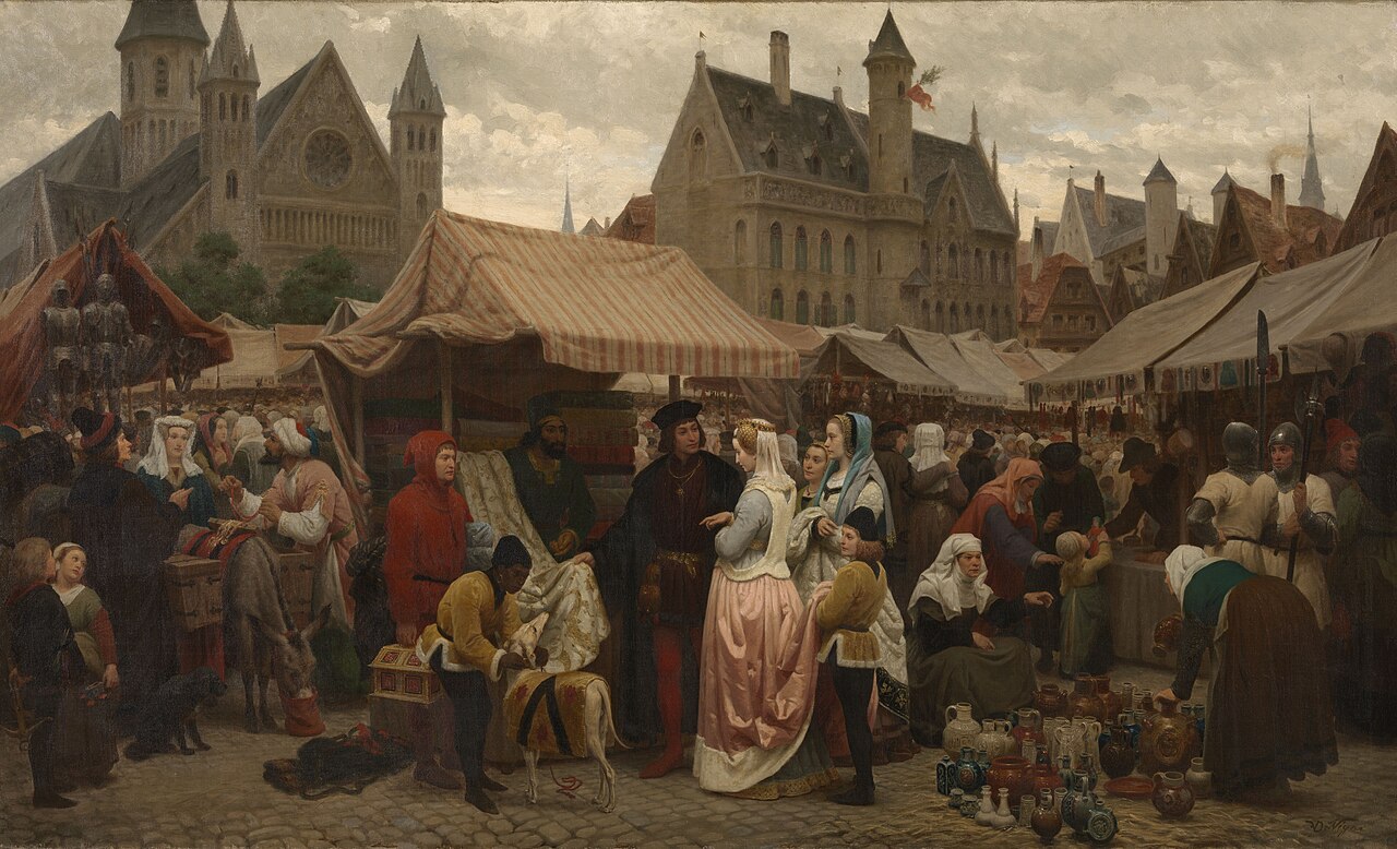 19th-century history painting imagining a bustling medieval fair in Ghent with merchant stalls
