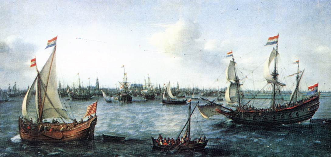 1630 painting of the harbour of Amsterdam filled with sailing ships