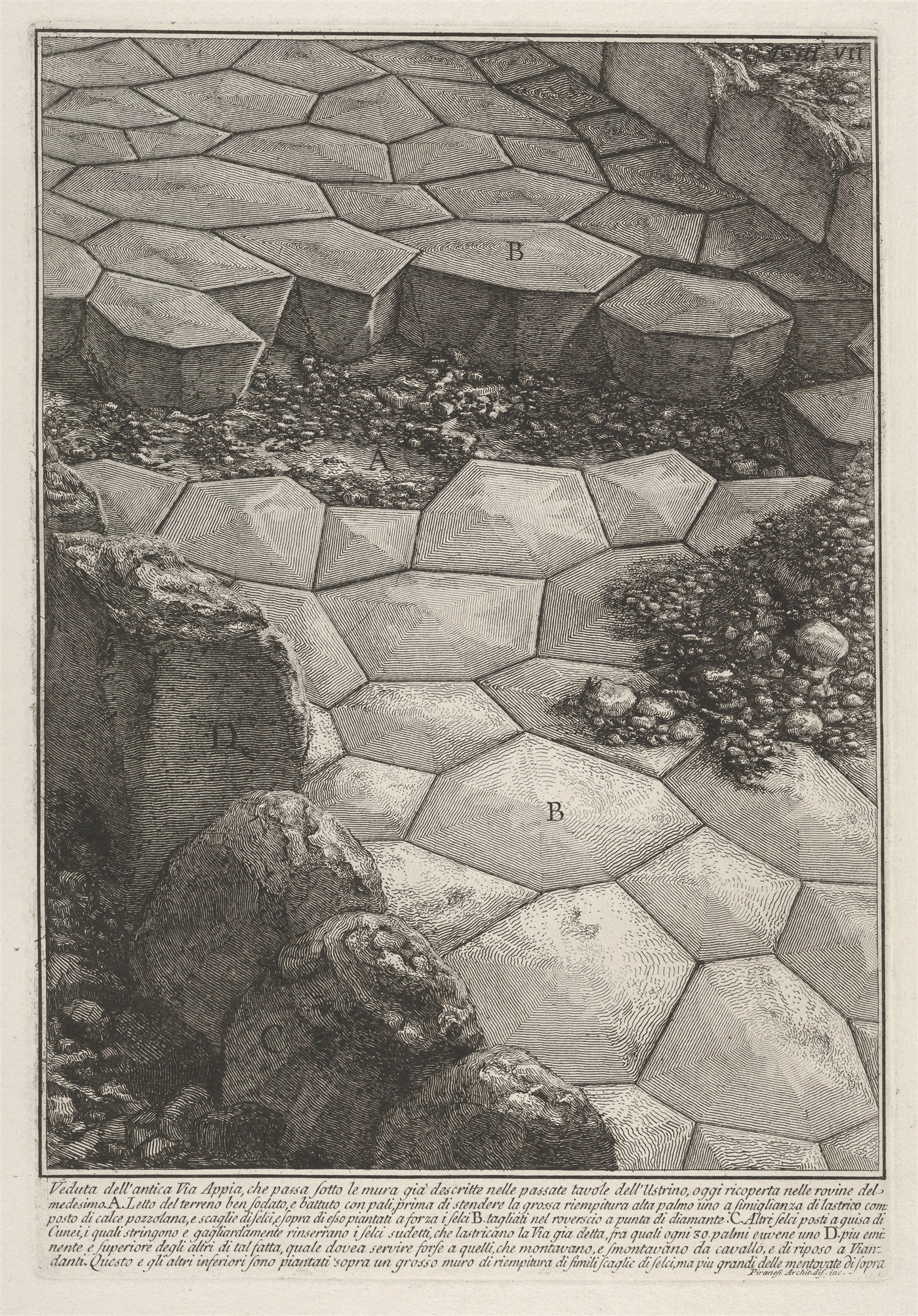 1756 engraving by Piranesi showing the ancient stone pavement of the Appian Way