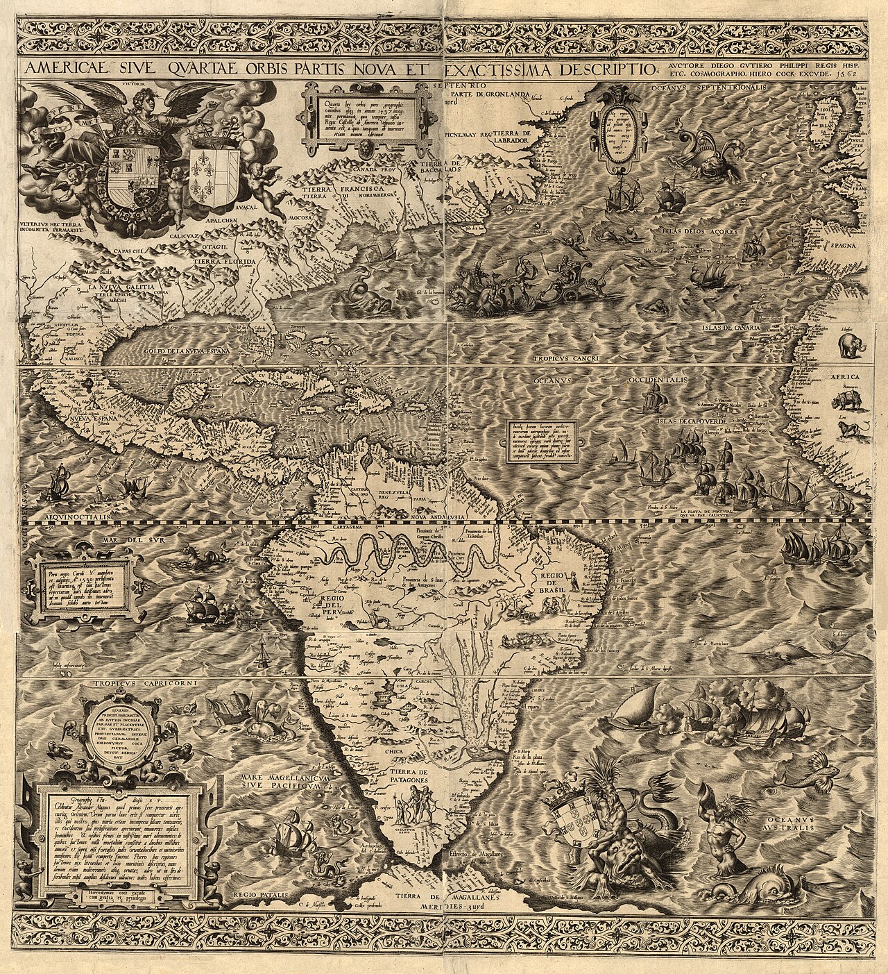 1562 Diego Gutiérrez map of the Americas marking early Spanish claims and New World geography