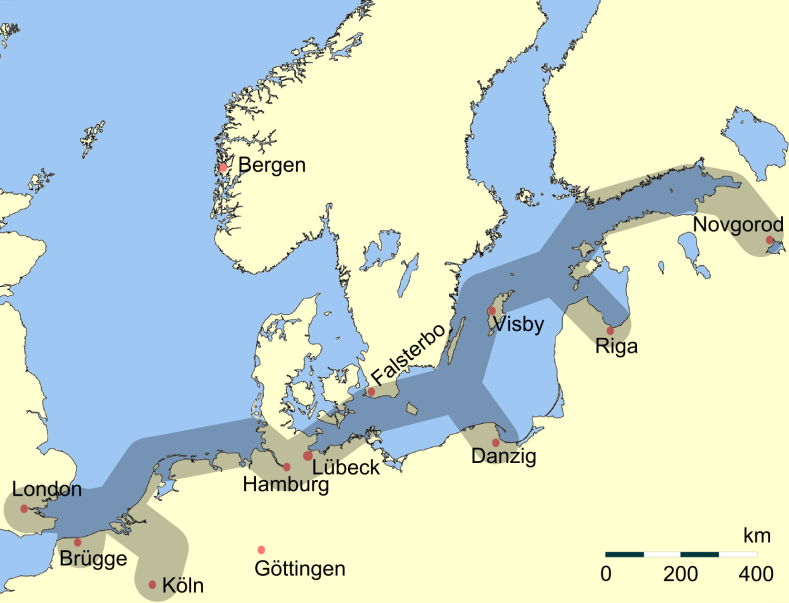 Map of the main trading routes of the medieval Hanseatic League in northern Europe