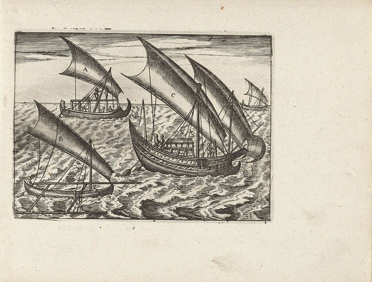 1596 Dutch engraving of four Javanese sailing vessels, including a jong, at Bantam