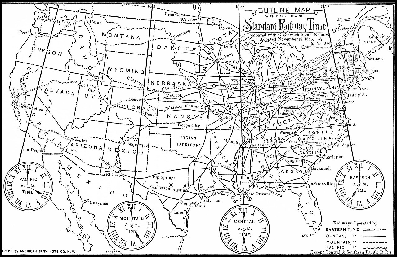 1884 diagram comparing U.S. standard railway time zones with Greenwich Mean Time